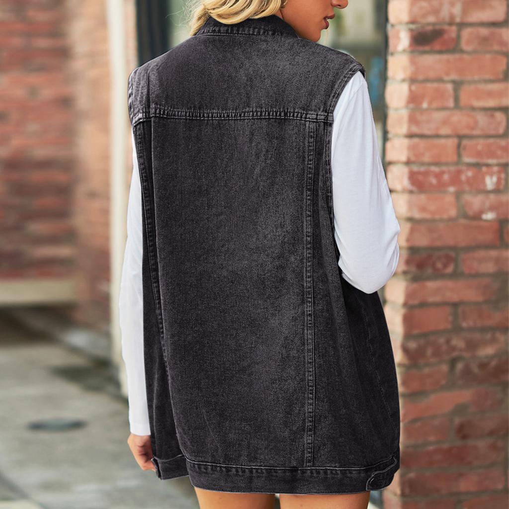 Sleeveless Jacket Vest Vintage Single Breasted Distressed Classic Turn Down Collar Vest with Pockets Jacket Black S
