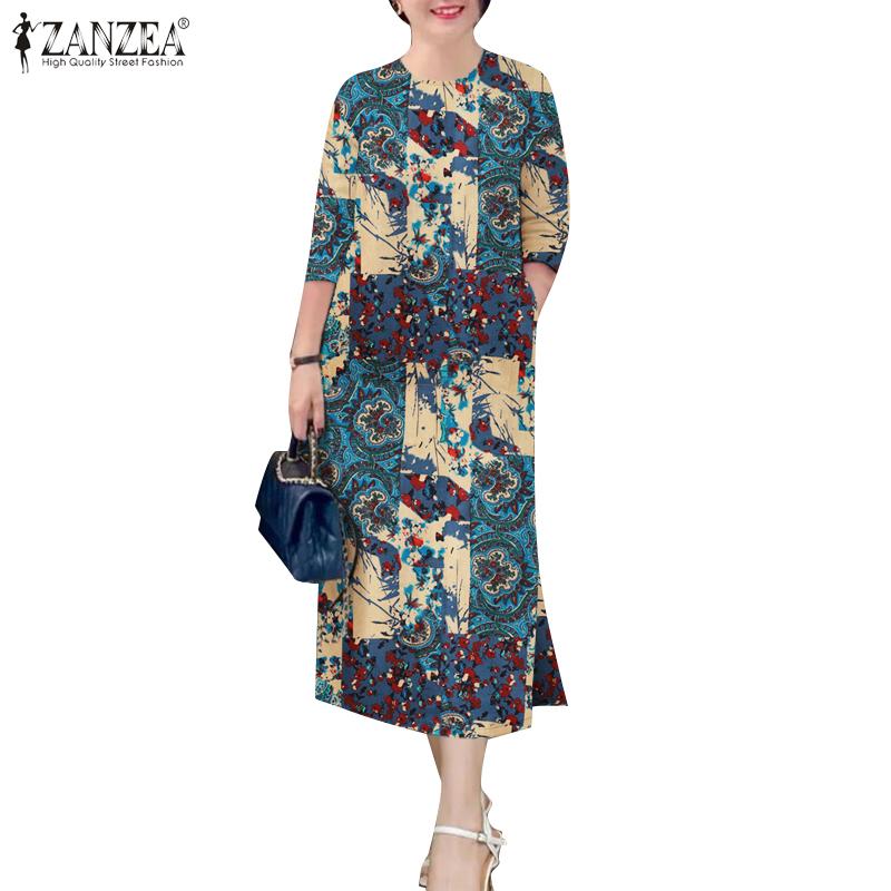 ZANZEA Women Casual Round Neck 3/4 Sleeve Loose Print Dress