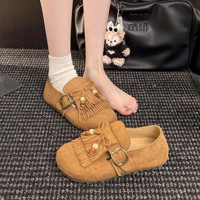 All-inclusive Soft Leather Birken Shoes Women's Beaded Fringed Single Shoes 2025 Autumn New Round Head Low-top Flat Shoes Birken Shoes