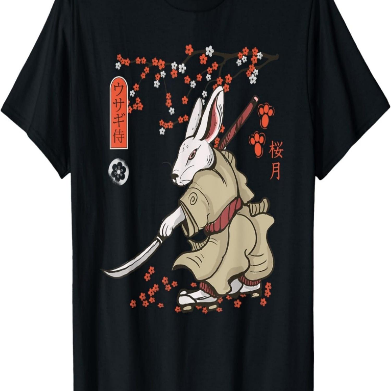 Cute Rabbit Samurai With Red Cherry Blossoms T-Shirt S чёрный