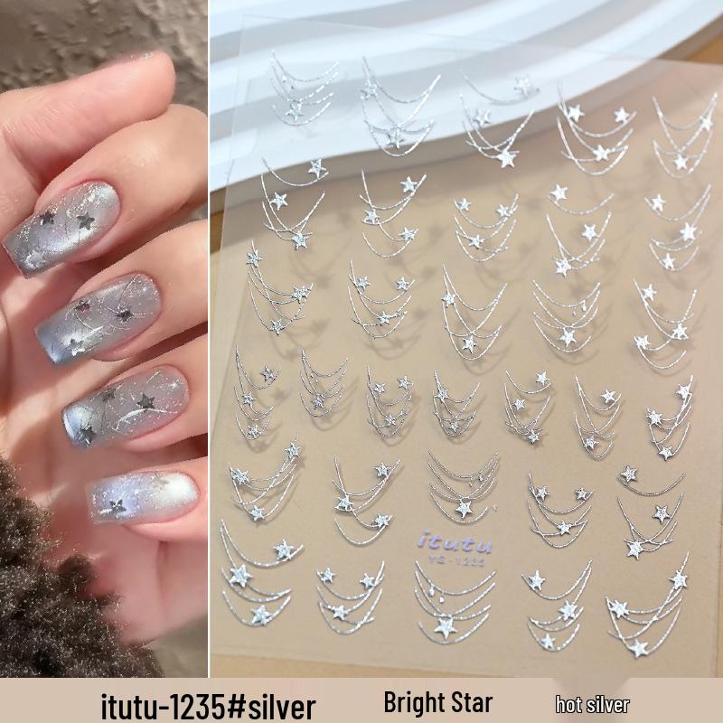 Sparkling Starry River Nail Stickers: Colorful Laser Stars & Silver Chain Patterns