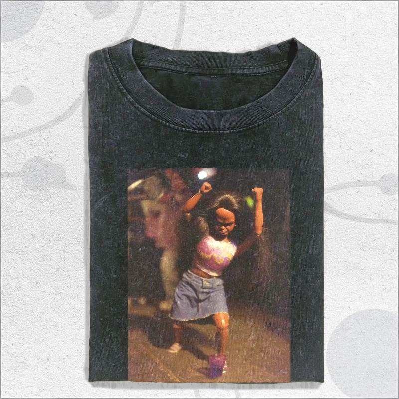 Vintage Wash Doll Girl Dancing Party T-shirt, Meme Cringe Funny Dumb, Gift For Her Summer Men's and Women's Washed T-shirt Top