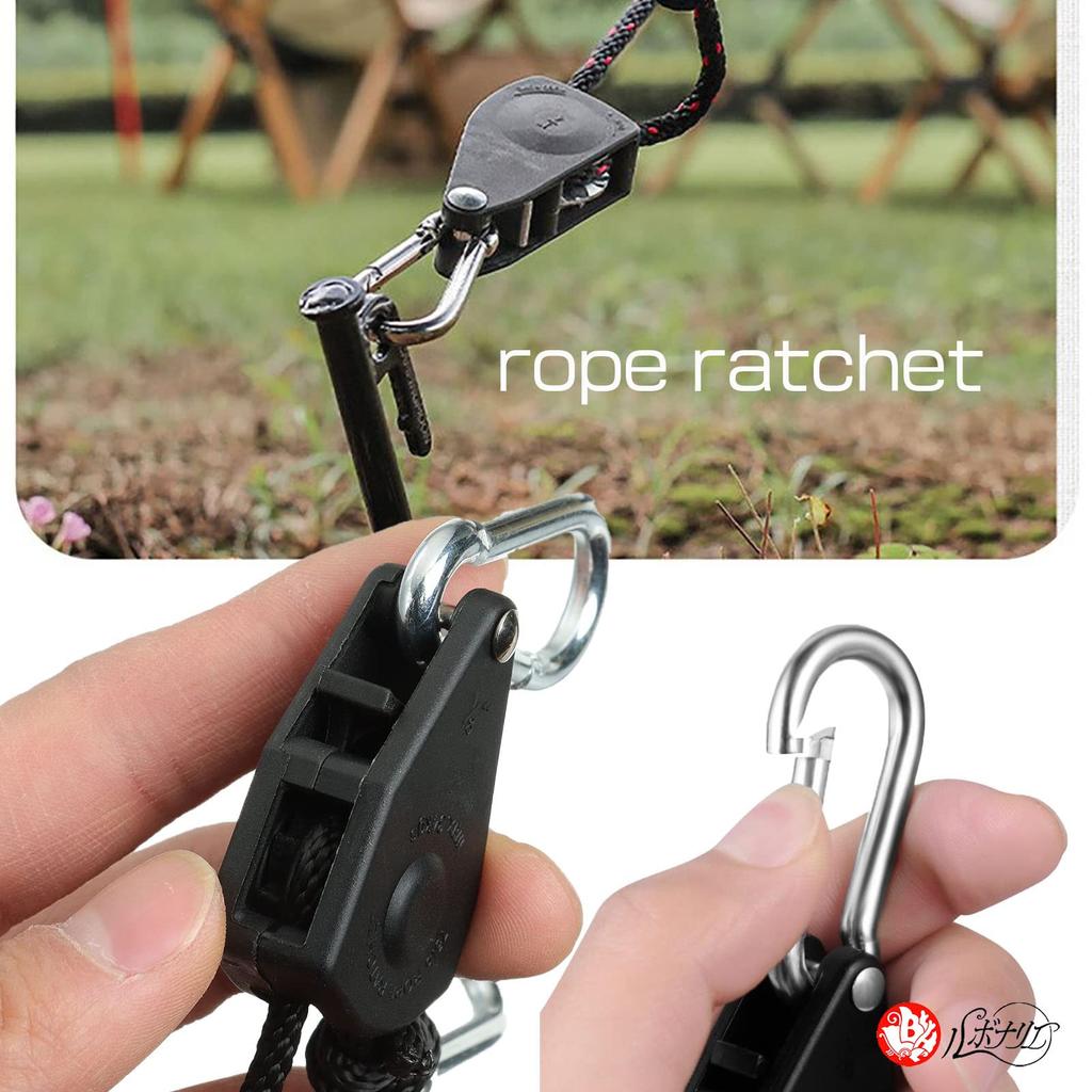 Rubonarie Rope Ratchet, Packing Belt, Rope Tightener, Camping Gear, Rope Tensioner, Rope Hanger, Carabiner, Hanging, 68kg/Pair, Set of 6 (Black)