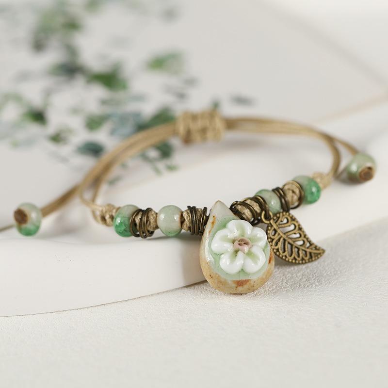 Retro ceramic flower woven bracelet niche literary hand rope small fresh bell bracelet female