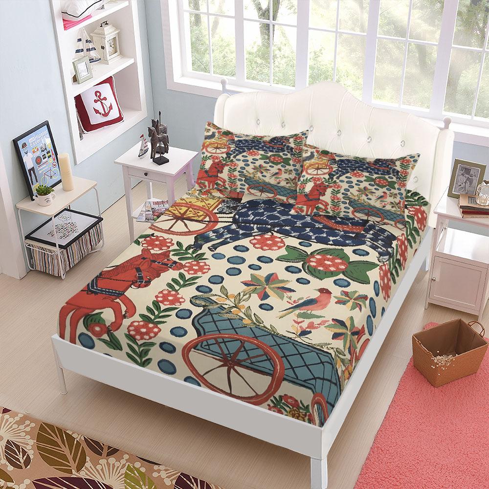 Countryside Horses Fitted Sheet Set King Queen Double Full Size Bed Linen Set