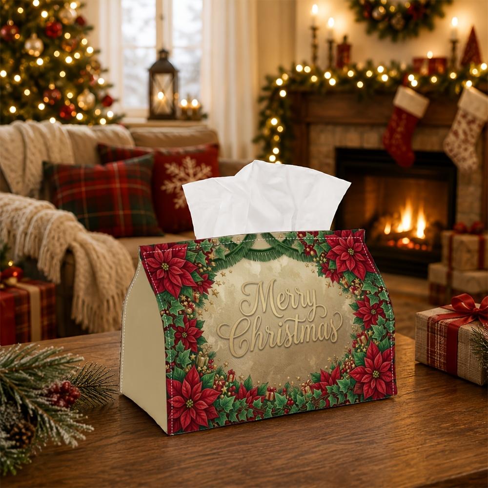 1pc Classic Elegant Botanical Tissue Box - Poinsettia Floral Frame Typography Napkin Storage Box, Suitable for Rolls/Facial Tissues, Multi-Functional