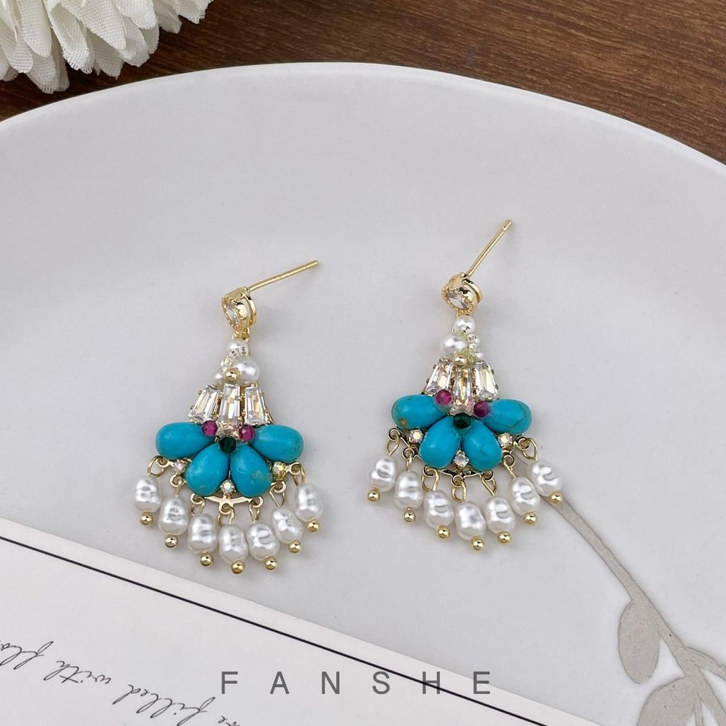"Haiyu Picking Up Light" Natural Turquoise Tassel Earrings Light Luxury Premium Sense Earrings Retro Ethnic Style Earrings Women