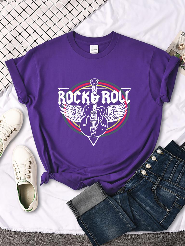 Rock Roll Electric Guitar Printed T-Shirt Women Casual Comfortable Tops Breathable Cool Short Sleeve O-Neck Street Tee Clothing
