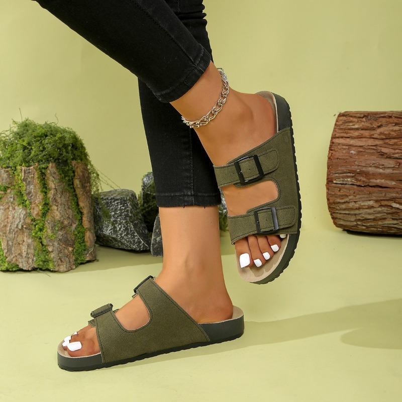 New summer double buckle classic fashion versatile cork medium heel thick bottom large size women's cool slippers