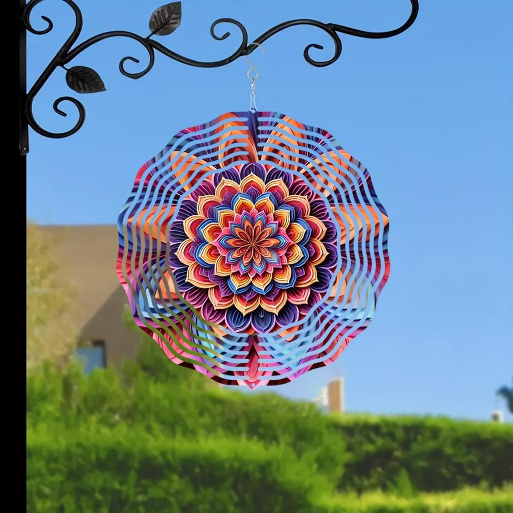 Vibrant 10-inch Mandala Wind Spinner – 2D Kinetic Metal Art with Colorful Floral Design, 360° Rotating Hook for Garden