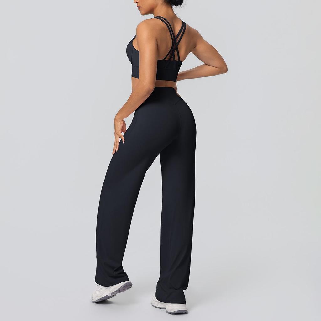 Shockproof Cross Back Running Bra & High Waist Wide Leg Yoga Pants