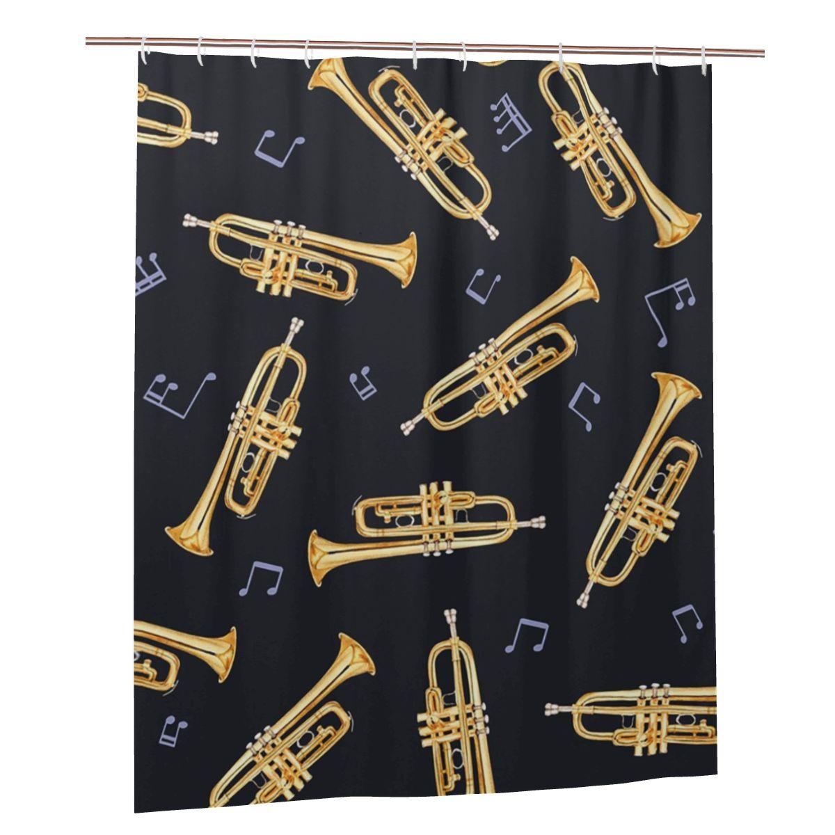 

Gold Trumpet On Black Shower Curtain Bathroom Polyester Waterproof Bath Curtains With Hooks W60H190(CM)-1 Pcs