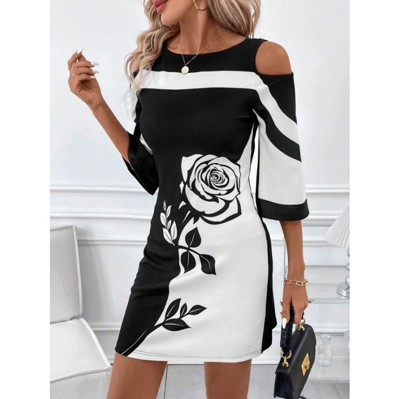 YYFS Women's Fashion Summer Spring Flower Pattern Print 1/2 Sleeves O-Neck High Waist Casual Dresses