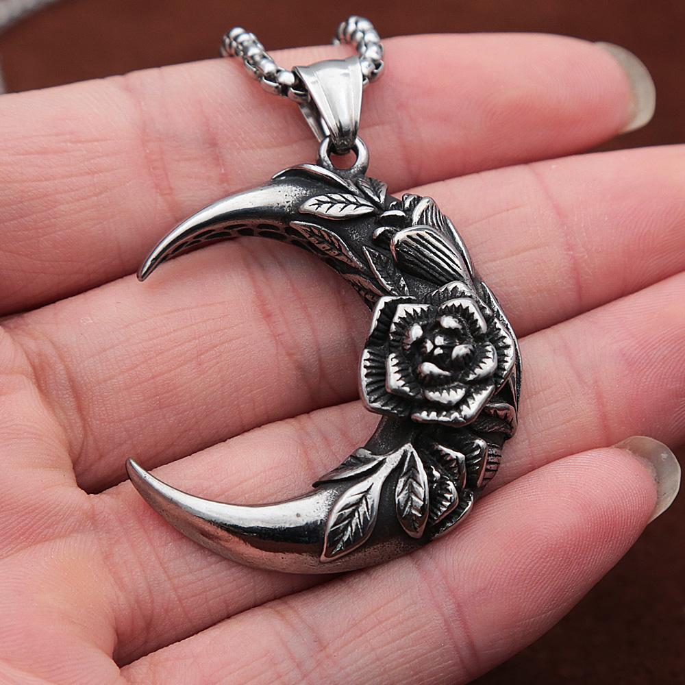 Fashion Creativity Rose Pendant for Men Women Retro Stainless Steel Moon Couple Necklace Personality Jewelry Gifts