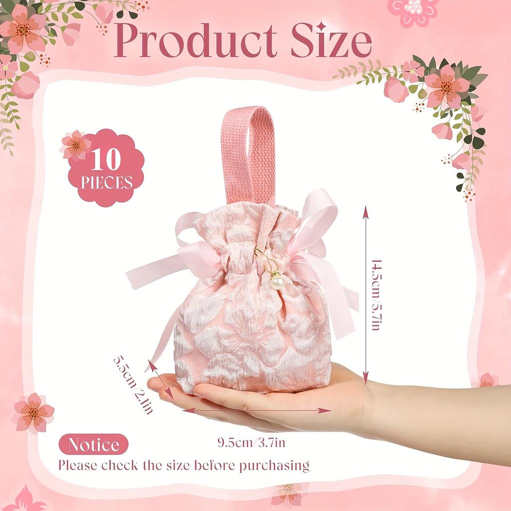 10 Stück kleine florale Geschenktüten, rosa Canvas-Geschenktüten, Mini-Geschenkbeutel mit Kordelzug für Babyparty, Brautparty, Geburtstag, Hochzeit