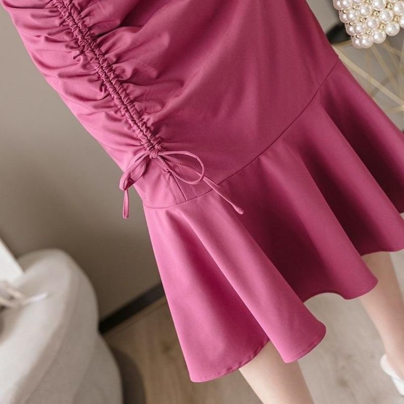 Women's Spring Summer High-Waisted Slimming Stretch Mermaid Hem Skirt with Ruffled Details Mid Length Bodycon Skirt Trendy