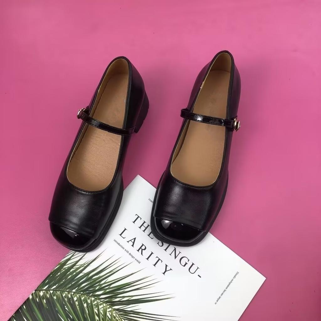 Middle Heel Shallow Mouth Single Shoes Women's 2025 New Spring and Autumn Square Head Thick Heel Small Leather Shoes Spring Soft Leather Mary Ja