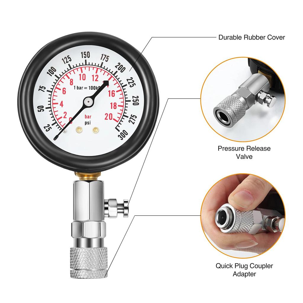 Compression Tester Kit Engine Cylinder Compression Tester 0-300 PSI Gauge M10 M12 M14 M18 Adapters Tool Set Motorcycle ATV Truck