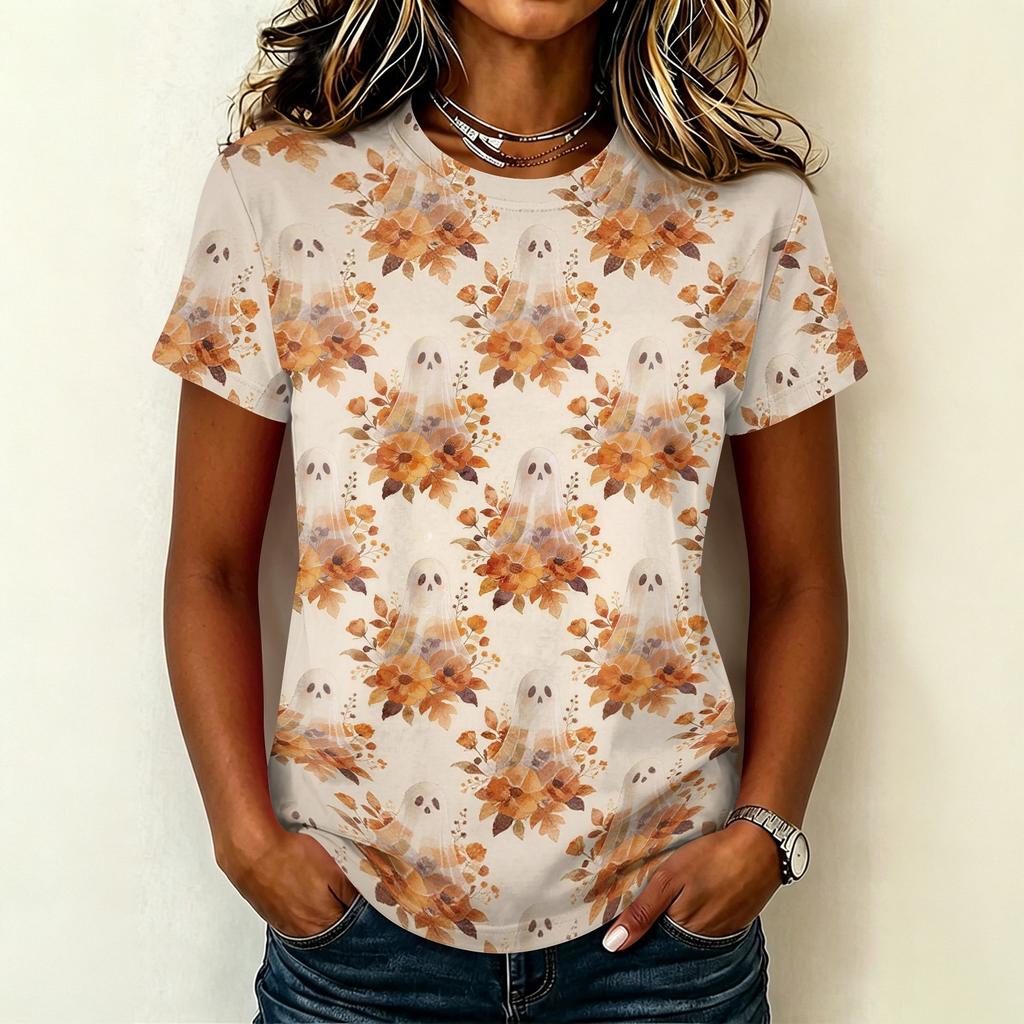 Women's Casual Short Sleeve Round Neck Pullover T-Shirt with Halloween Print