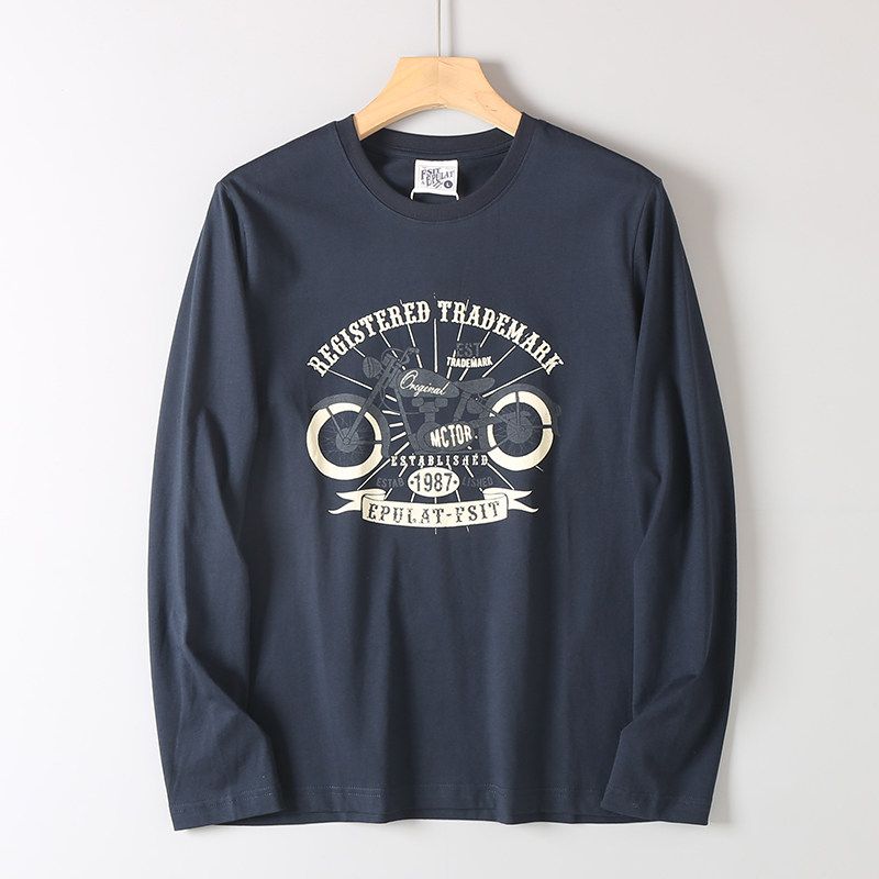 Men's Vintage Motorcycle Style Cotton Printed Base Shirt, Spring and Autumn American Casual Loose Long-Sleeve T-Shirt
