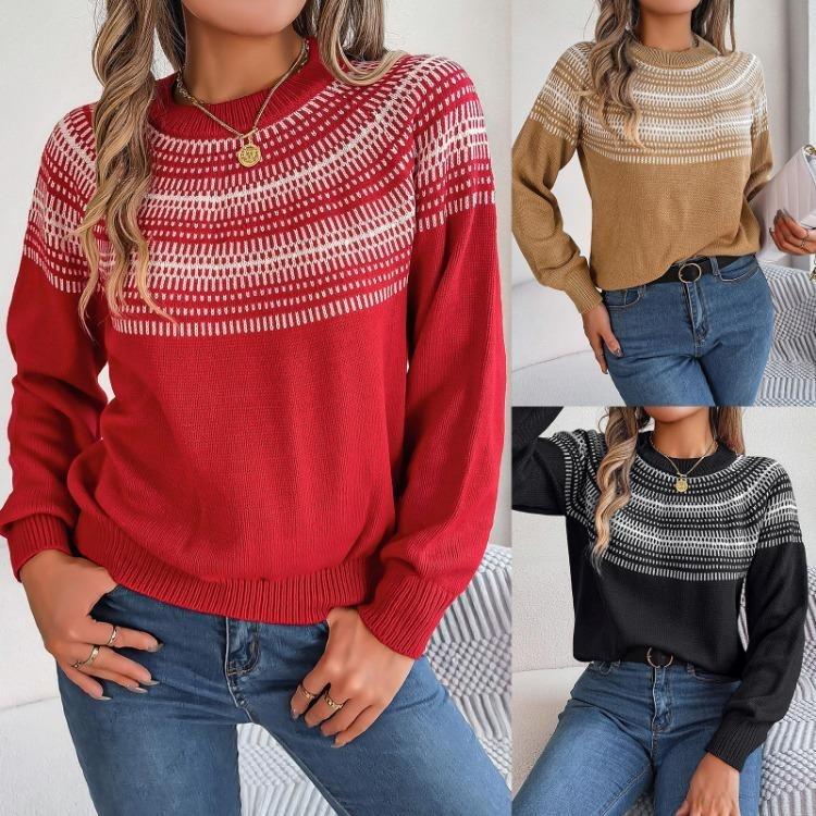Vintage O Neck Loose Knitwear Cardigan Sweater Long Sleeve Top Winter Autumn Color Print