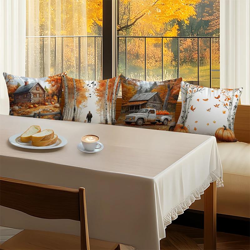 Home Decor Autumn Cabin, Trees & Pumpkin Printed Pillowcase Pattern Cushion Cover Suitable For Sofa Bedroom Car Pillow Cover