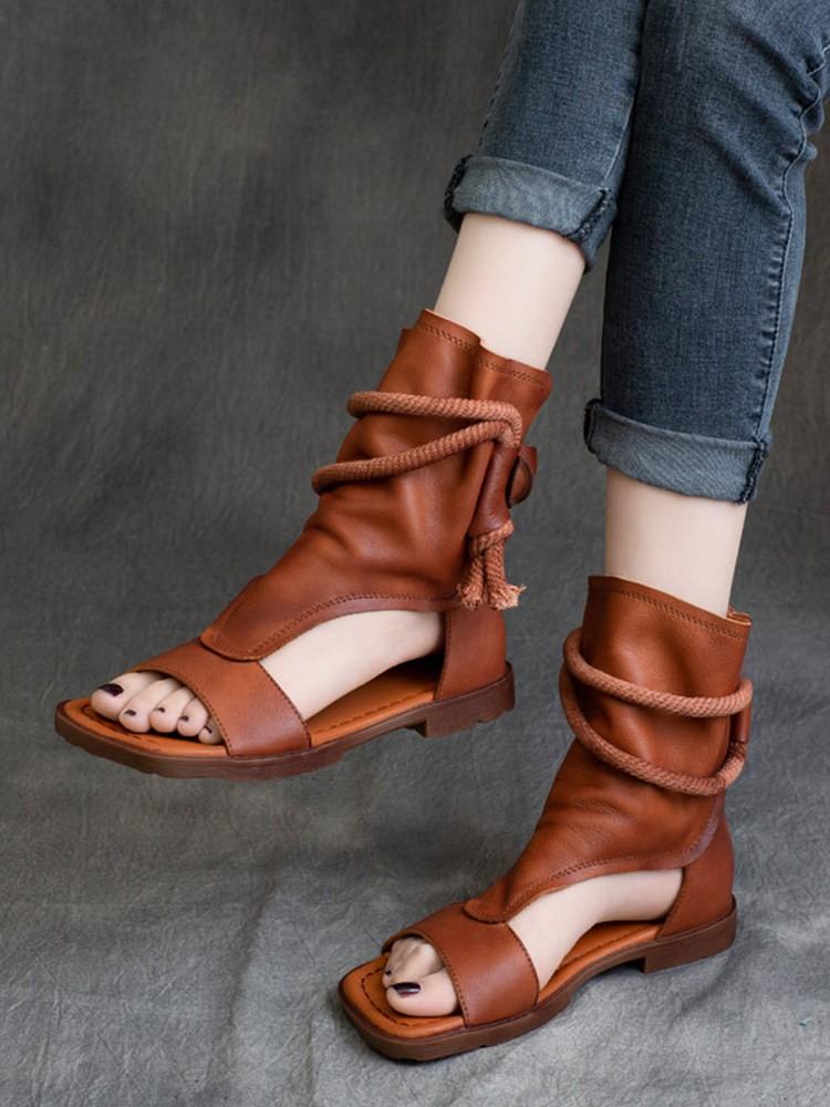 Summer New Casual Ladies Open Toe Platform Genuine Leather High Top Rome Sandals Solid Color Cowhide Female Comfortable Footwear