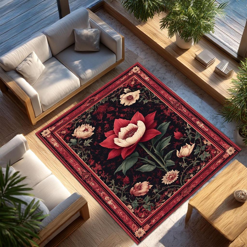 Alfombra de Área Floral Vintage Lujosa Antideslizante Lavable a Máquina Felpudo para Decoración de Sala de Estar Dormitorio Oficina Alfombra Lavable