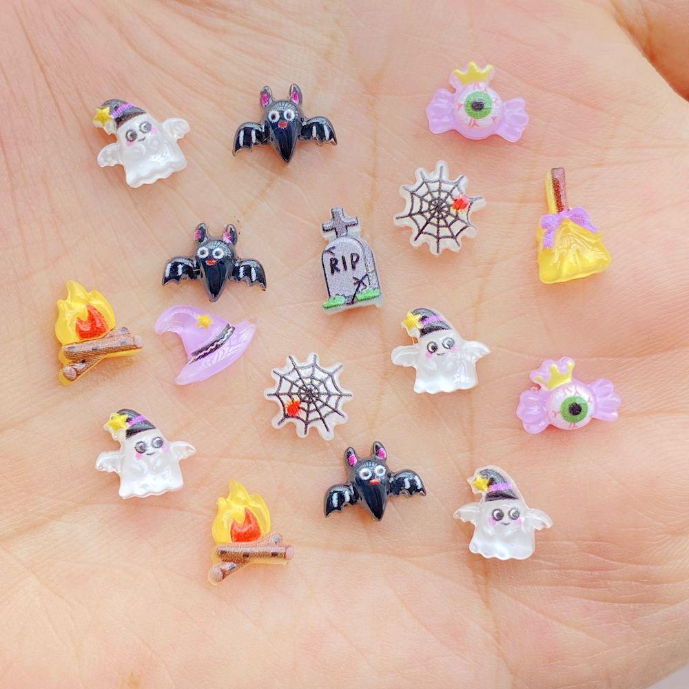 100Pcs Cute Mini Cartoon Halloween Bat, Ghost Nail Art Resin Designer Charms DIY Craft For Nail 3D Decorations Jewelry
