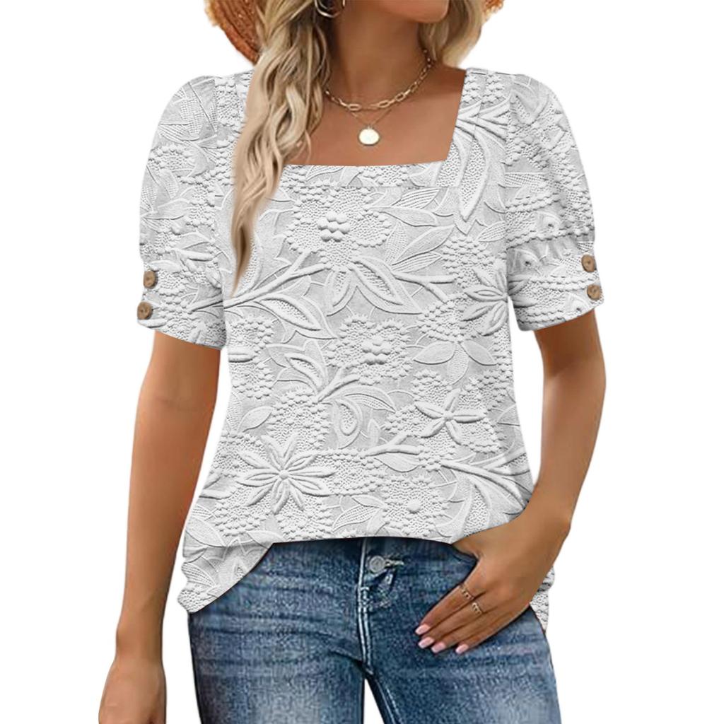 Women's Fashionable Casual Summer Retro Print Square Neck Button Short-sleeved Top