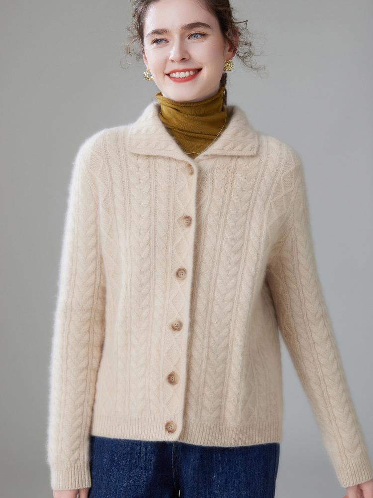 2026 Autumn/Winter Women's Fashionable Thick Cashmere Cable Knit Lapel Cardigan Sweater