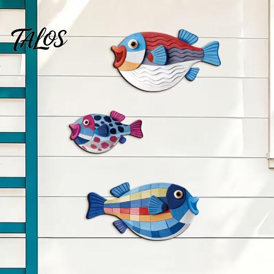 Kids Room Wall Accents 3Pcs Wooden Fish Art, Nautical Hanging Ornaments, Rustic Ocean Style Sea Life Ornaments Sculpture, Coastal Decorations
