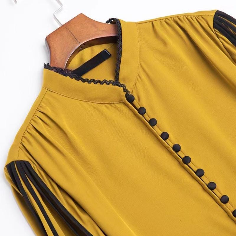 Elegant Fashion Casual Solid Satin Button Shirt Autumn  Stand Collar Long Shirt Sleeve Loose Pullovers Tops Women's Clothing