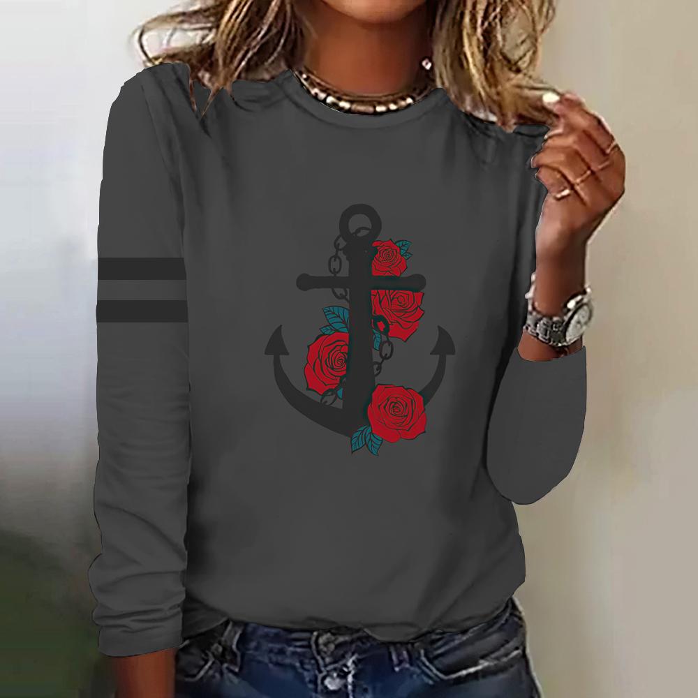 Herbst Frauen T Shirt Langarm Tops Anker Grafik Weibliche Kleidung Alltägliche Streetwear Oansatz Pullover Für frauen Tees 2023