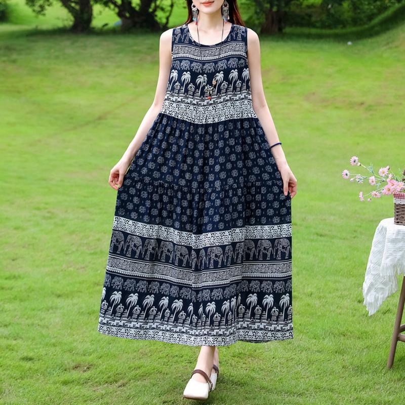Summer  Women Plus Size Boho Dress Long Maxi Sundress Party Dress Elegant Vestidos Print O-neck High Waist Sleeveless