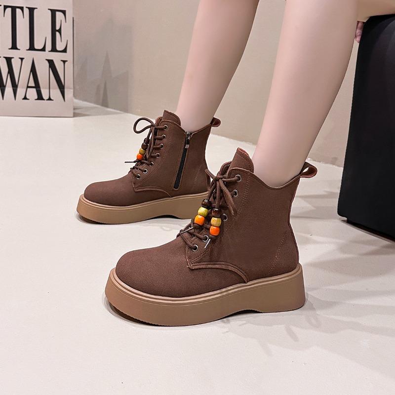 Women Thick Heel Boots Spring Autumn Quality Nubuck Cow Suede Round Toe Handmade Retro Chunky Platform Ankle Boots Lady