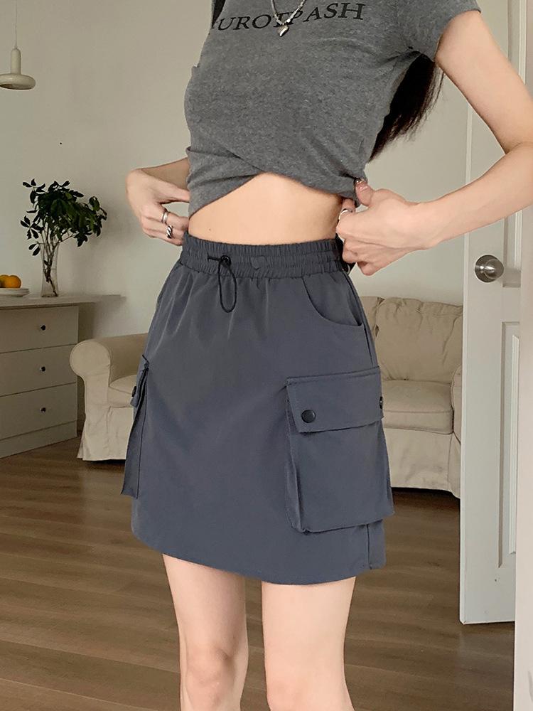 Women's A-line Grey Drawstring Midi Skirt - Slimming, Elastic Waist, Summer Casual Workwear