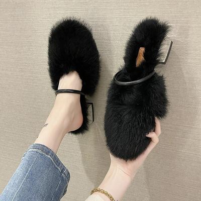 Zapatillas Mules de Moda Cómodas de Piel Suave para Mujer Otoño Invierno Tacones Cuadrados Zapatillas de Felpa Cálidas Mujer Tacón Alto Diapositivas de Piel Sintética