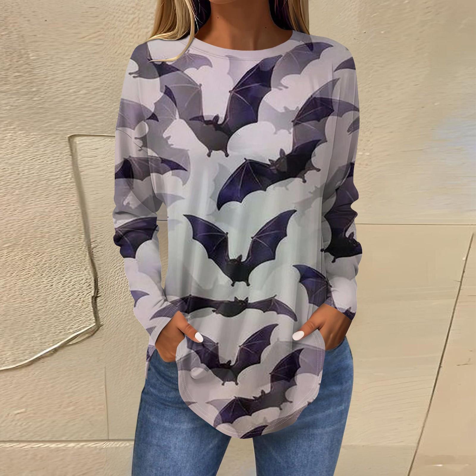 

Футболки для женщин, осенние повседневные рубашки с длинными рукавами, толстовка, винтажный топ с графическим принтом, пуловер на Хэллоуин S