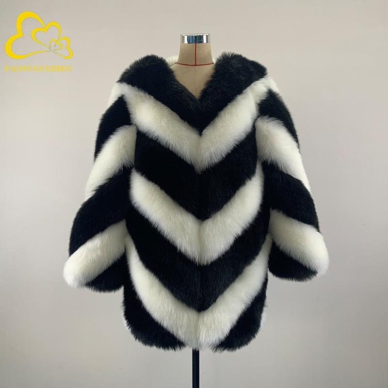 New medium and long imitation fox fur coat women's color matching slim fit warm fake fur coat