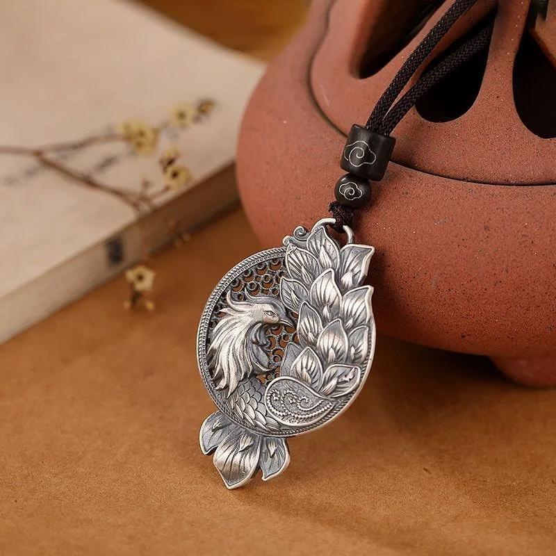 

Этнический стиль Тайский Винтажный Подвеска с ажурным узором Подвесной Длинное Классическое Ожерелье Феникс Цепочка для ключиц Банкетные украшения 45cm