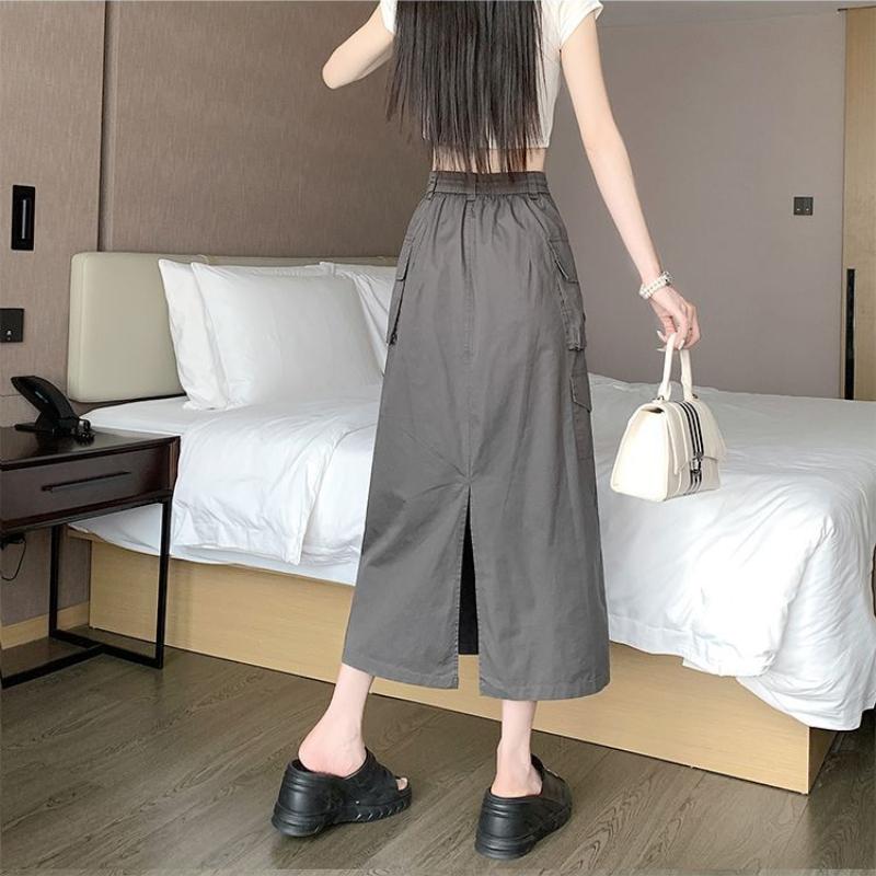 Women's Summer American Vintage Utility Midi Skirt - High-Waist Split Drawstring A-Line Army Green Skirt