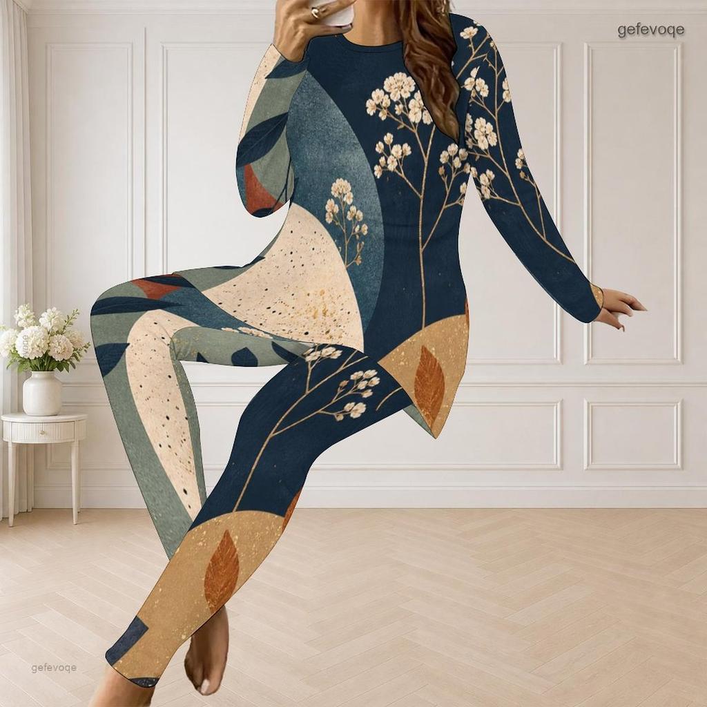Women Plus Size Round Neck Long Sleeve Printed Blue Beige Longline Top Fitted Pants Two Piece Set