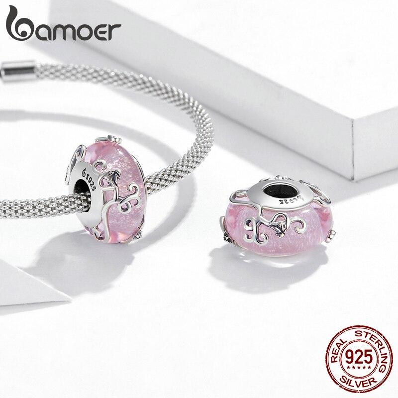 Bamoer 925 Sterling Silver Women Shiny Pink Glazed Beads Fit 3mm Bracelets DIY Jewelry