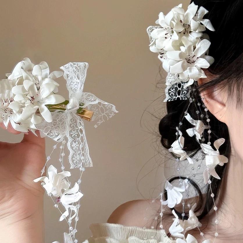 Fairy White Lily Bud Lace Tassel Hair Clip