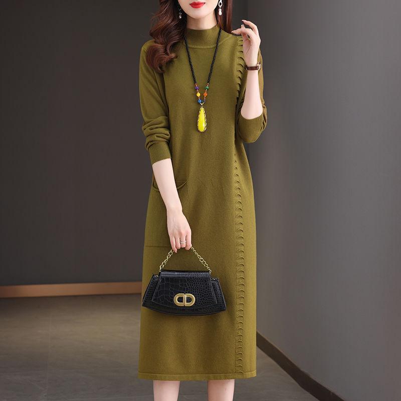 Half Turtleneck Knitted Dress Solid Color Loose Mid-length Sweater for Women Autumn and Winter Casual Long-sleeved Pullover