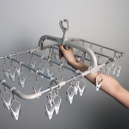 Twin Mall Laundry Drying Rack, Laundry Hanger, 24-Pinch Aluminum Clothes Hanger, Beige/White, Horizontal Hanger, IC-01