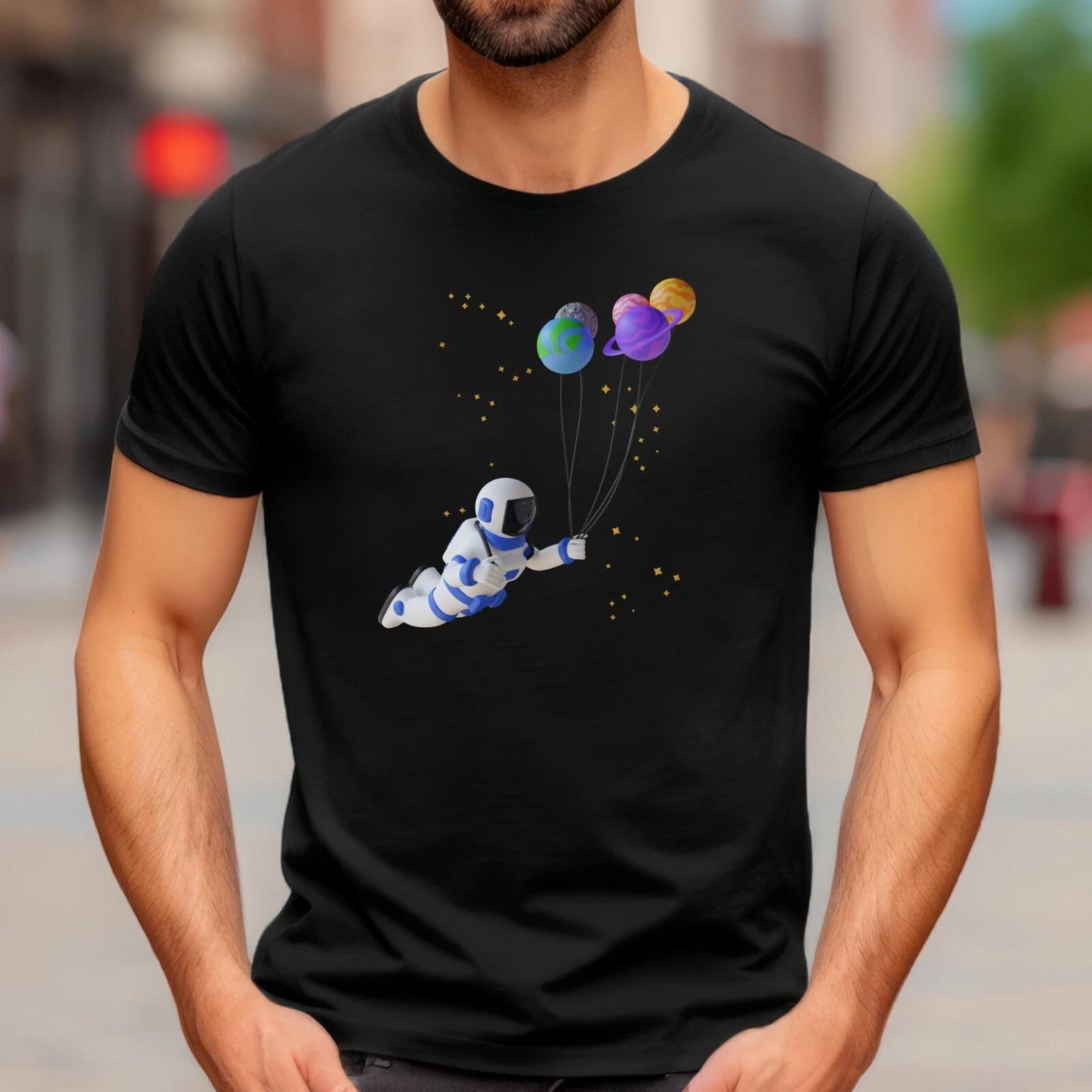 Mens T Shirt Astronaut Holding Planet Balloons Regular Fit Ring Pure Cotton Tee 4XL