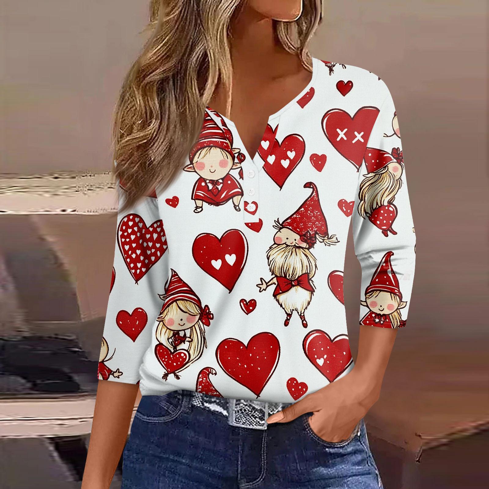 

Женская модная повседневная футболка с V-образным вырезом и семью рукавами на пуговицах ко Дню святого Валентина XL белый