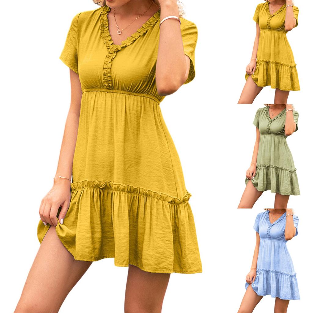 Women's Fashionable Temperament Solid Color V-neck Short Sleeved Dress